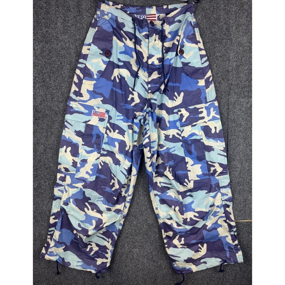 VTG UFO Blue Camo Wide Leg Pants Size XXXS 26x26 90s Y2k Rave